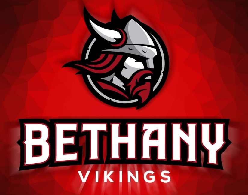 Logo featuring a Viking helmet and head positioned above the text Bethany Vikings on a red geometric background.