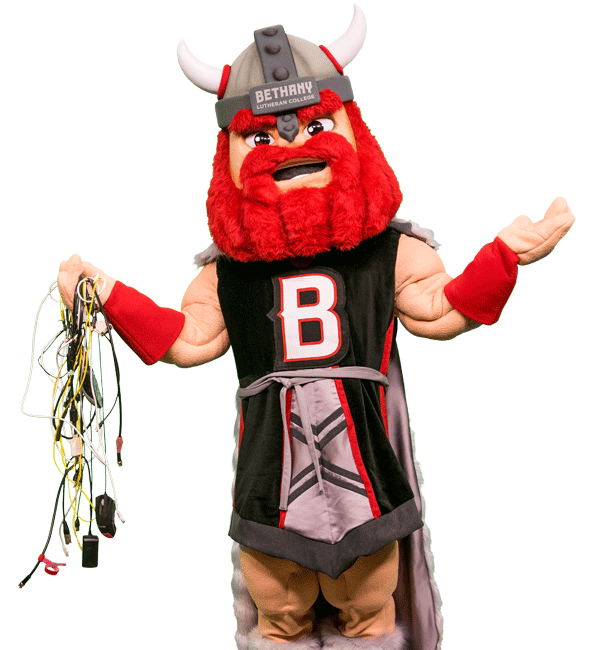 Halvar, Bethany Lutheran College's mascot, holding computer cables with his arms raised in a shrug.