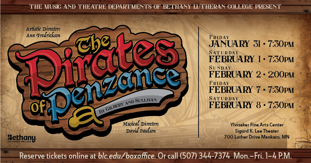 Poster for The Pirates of Penzance at Bethany Lutheran College, Minnesota, displaying show dates, times, and ticket information.