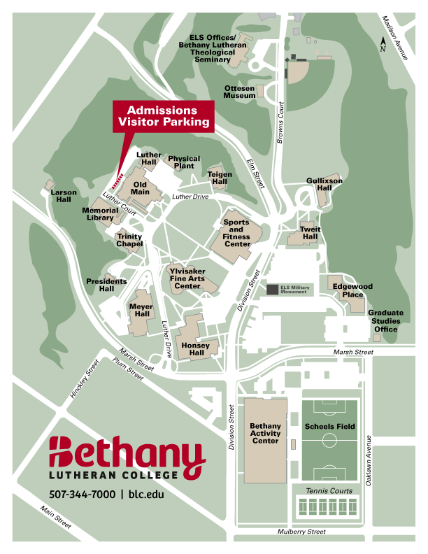 Map of Bethany Lutheran College in Mankato showing labeled buildings, parking areas, and sports fields for students. This detailed campus map helps students navigate Bethany Lutheran College by clearly identifying academic buildings, residence halls, athletic facilities, and designated parking lots.