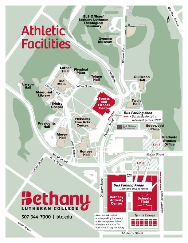 Campus map of Bethany Lutheran College displaying buildings, athletic facilities, parking lots, and campus roads for students.