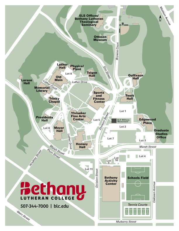 Bethany Lutheran College campus map, Mankato, Minnesota—depicting academic and administrative buildings, student residence halls, parking lots, athletic fields, and pedestrian pathways.