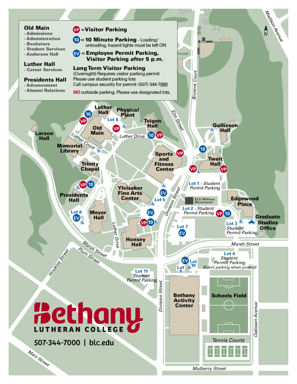 Map of Bethany Lutheran College campus in Mankato, Minnesota, showing academic and residential buildings, parking lots, labeled pathways, and key campus features for students and visitors.