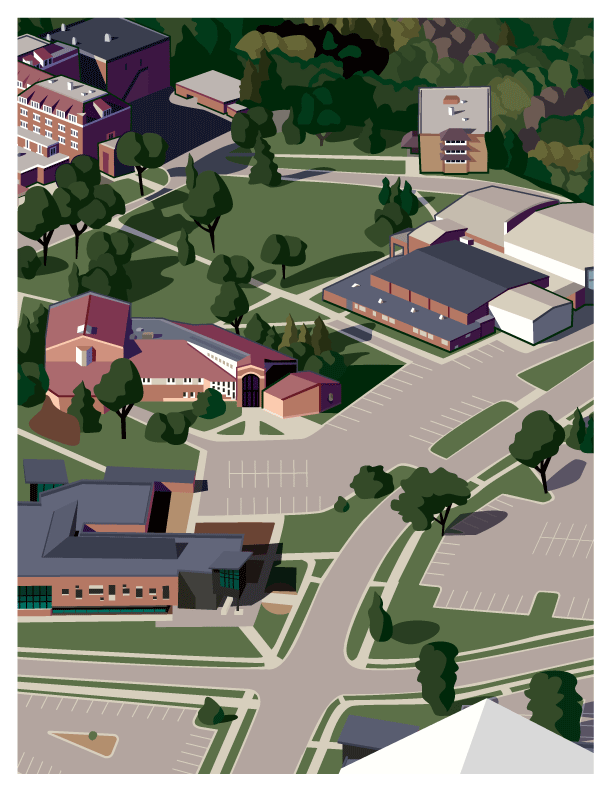 Aerial view of Bethany Lutheran College in Mankato, Minnesota, showing campus buildings, roads, parking lots, green spaces, and students outdoors.