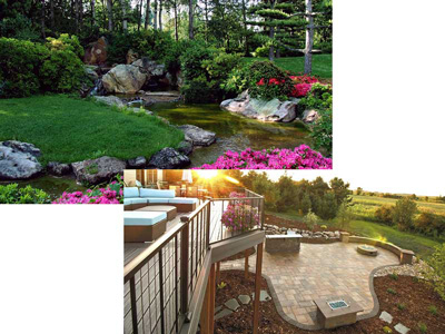 Two landscaped backyards in Mankato, Minnesota featuring the work of Revival Outdoor landscaping.