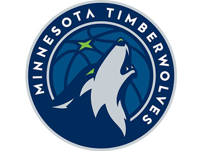Minnesota Timberwolves logo featuring a howling wolf, green star, and blue basketball.