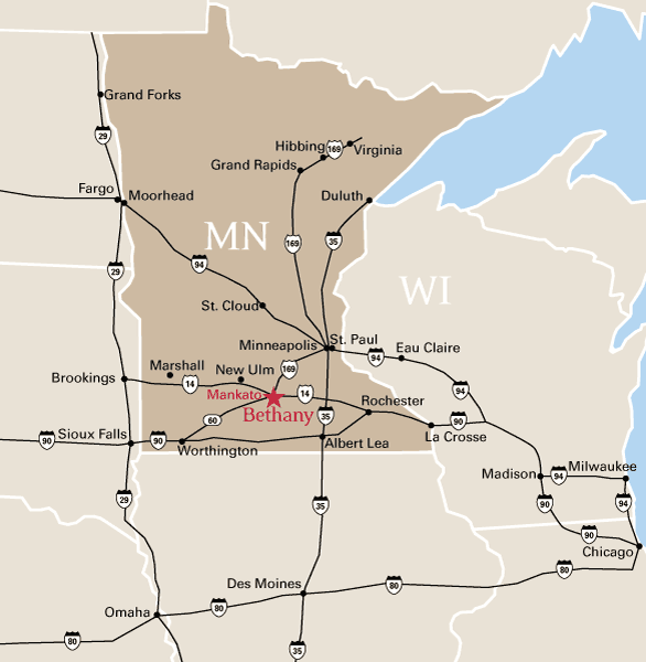 A detailed map highlights major cities and highways in Minnesota, with Bethany Lutheran College clearly marked near Mankato.