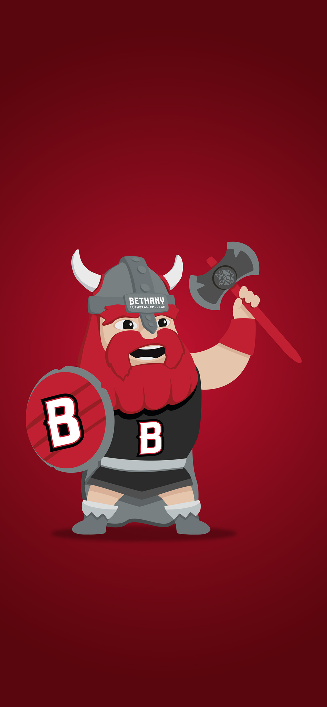A cartoon Viking with a red beard, helmet, shield displaying the letter B, and an axe stands on a red background—representative of Bethany Lutheran College in Minnesota.