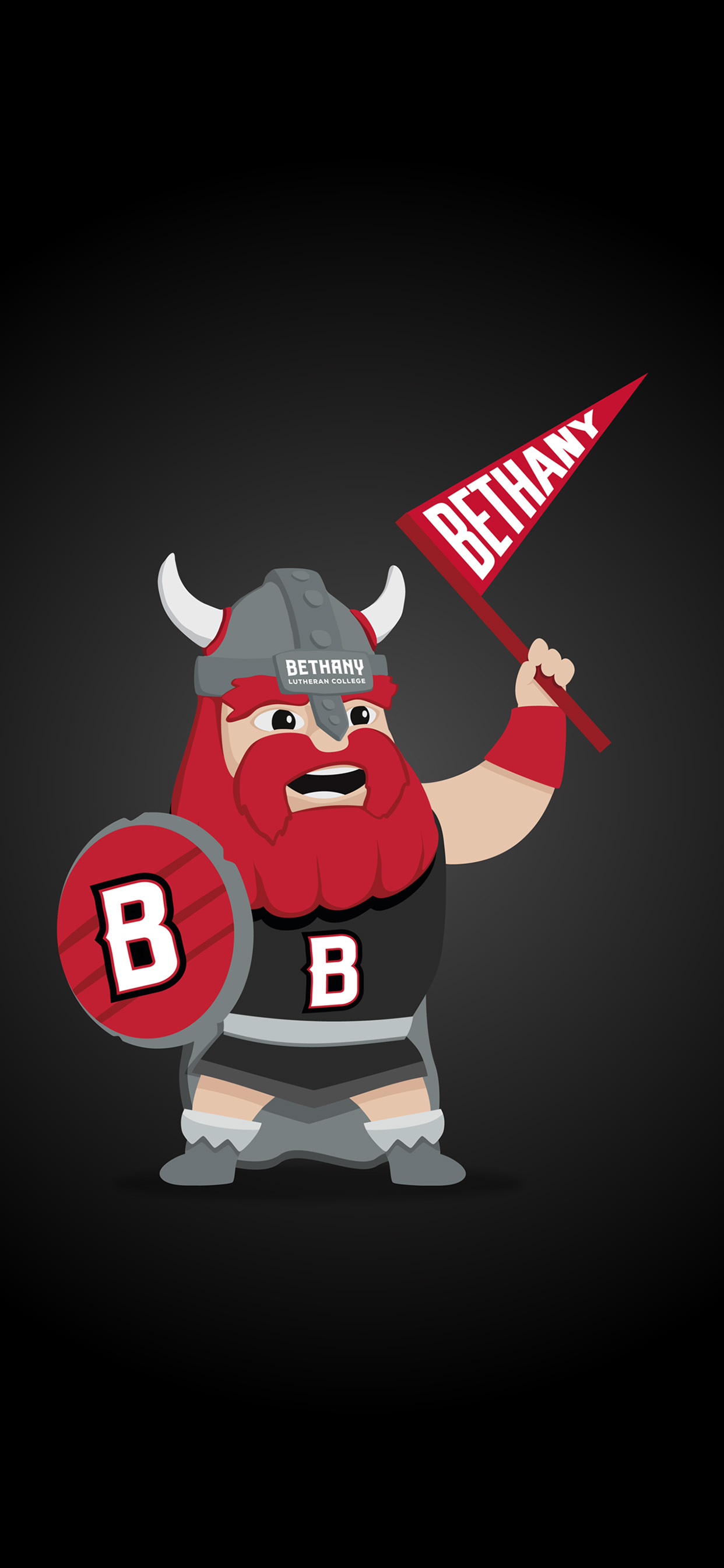 Cartoon Viking mascot in armor holding a B shield and Bethany pennant, representing Bethany Lutheran College students in Mankato, Minnesota.