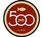 This is a circular logo designed for Bethany Lutheran College students. It features a red background, the text 500 pub prominently displayed, a fish icon above the text, and the words ser. what? below.