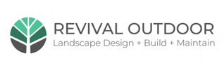 Logo for Revival Outdoor, a Minnesota-based company, featuring a green and grey tree icon and the tagline Landscape Design + Build + Maintain displayed underneath.