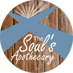 Logo for The Souls Apothecary featuring circular text over a wood background, with a blue geometric design and a reference to Minnesota students at the top; likely connected to Bethany Lutheran College.