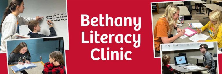 A Banner displaying "Bethany Literacy Clinic" with a red background, surrounds in images of teachers working with young students.