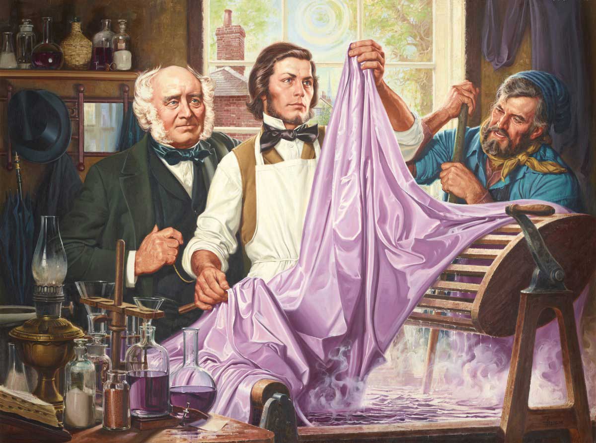 Three men in a laboratory examine a purple fabric, with scientific equipment on a table.