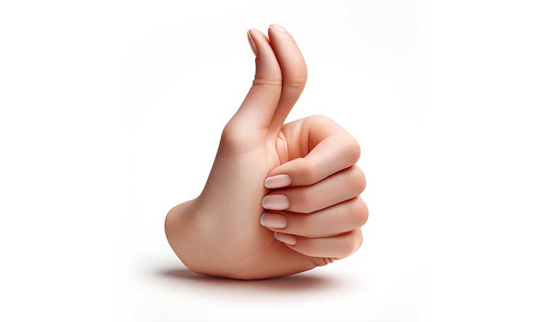 A realistic hand showing a thumbs-up gesture on a white background-the hand has two thumbs.
