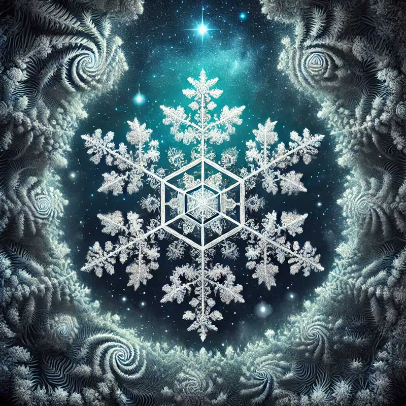 Intricate snowflake design against a starry, teal background with swirling frosty patterns.