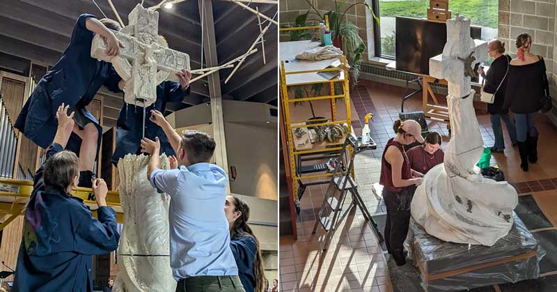 Two images of people working on a large, textured sculpture with a cross-like structure at the top.
