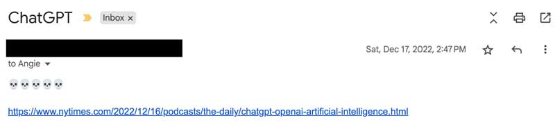 Email screenshot with skull emojis and a hyperlink to a New York Times podcast article about ChatGPT.