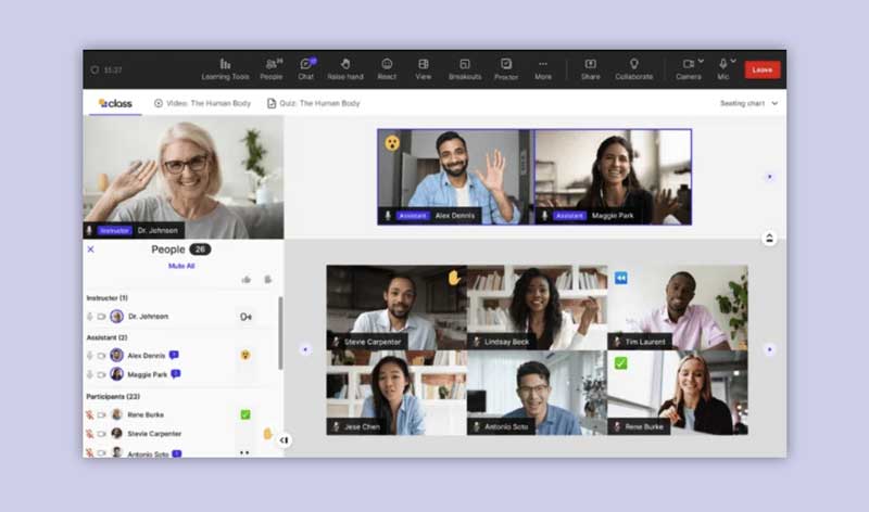 Virtual classroom interface with video feeds of participants and a teacher.