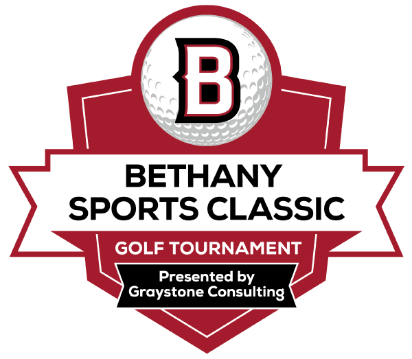Red and white badge logo for the Bethany Sports Classic Golf Tournament in Mankato, presented by Graystone Consulting, featuring the Bethany Lutheran College branding.
