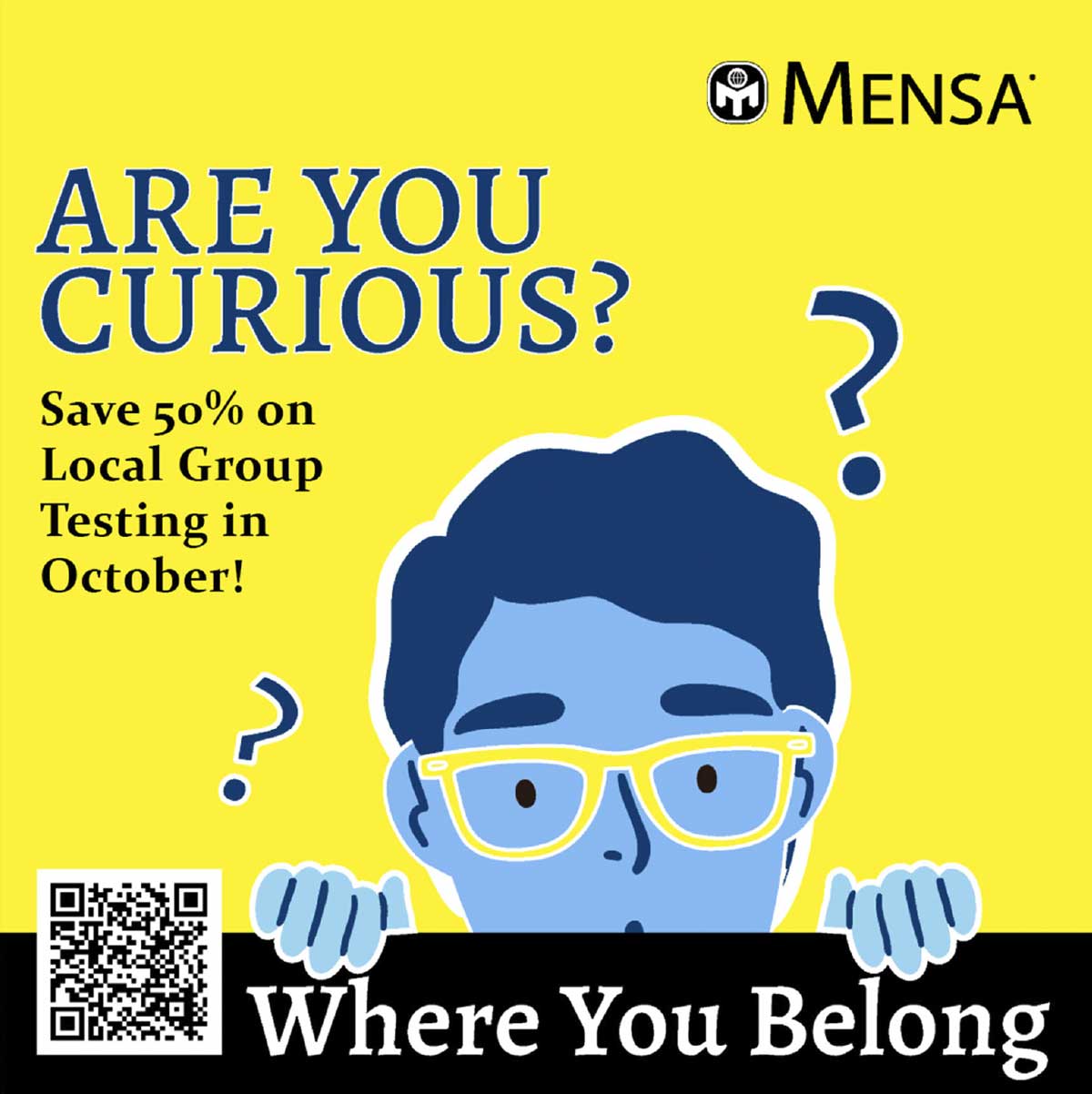 MENSA-advertisement-for-testing-Are-you-curious Illustration with text "Are you curious?" and "MENSA" logo, featuring a person with a blue face with yellow glasses.